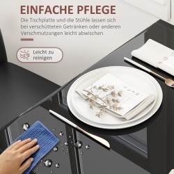 Ruokailuryhmä 2 hengelle, pöytä ja 2 tuolia, teräs ja karkaistu lasi, keinonahka, musta