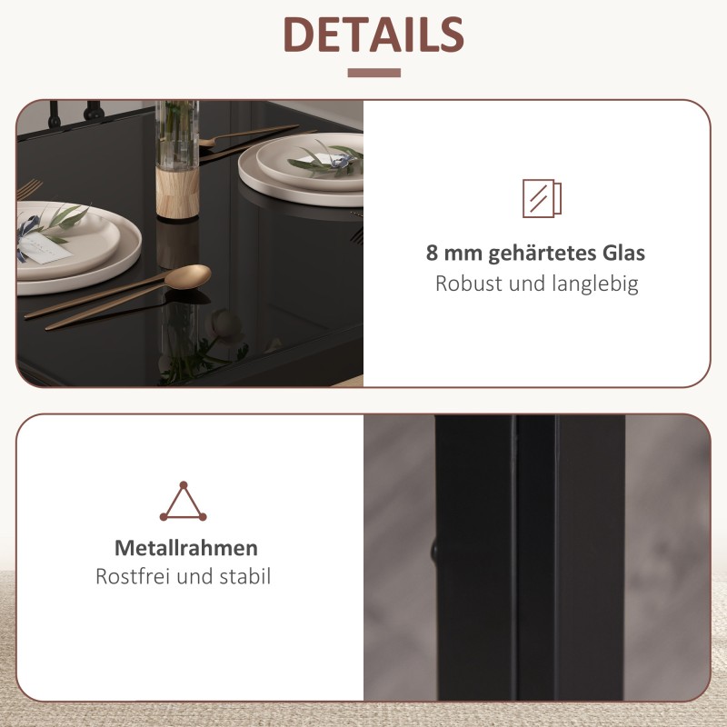 Ruokailuryhmä 2 hengelle, pöytä ja 2 tuolia, teräs ja karkaistu lasi, keinonahka, musta