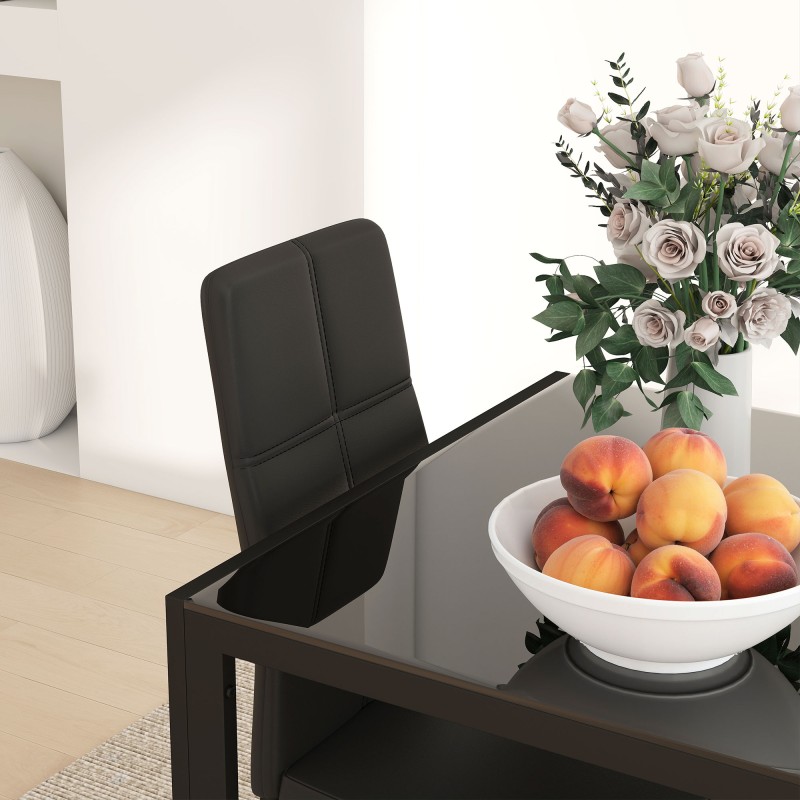 Ruokailuryhmä 2 hengelle, pöytä ja 2 tuolia, teräs ja karkaistu lasi, keinonahka, musta