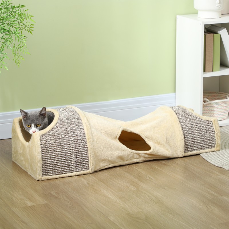 Kissatunneli 3 aukkoa ja 2 piilopaikkaa, pluchea ja sisalia, 107x38x29 cm, beige/harmaa