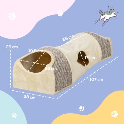 Kissatunneli 3 aukkoa ja 2 piilopaikkaa, pluchea ja sisalia, 107x38x29 cm, beige/harmaa