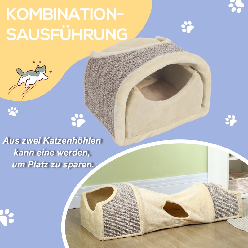 Kissatunneli 3 aukkoa ja 2 piilopaikkaa, pluchea ja sisalia, 107x38x29 cm, beige/harmaa