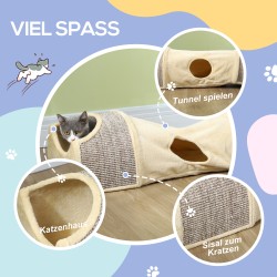Kissatunneli 3 aukkoa ja 2 piilopaikkaa, pluchea ja sisalia, 107x38x29 cm, beige/harmaa