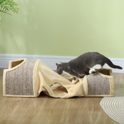 Kissatunneli 3 aukkoa ja 2 piilopaikkaa, pluchea ja sisalia, 107x38x29 cm, beige/harmaa
