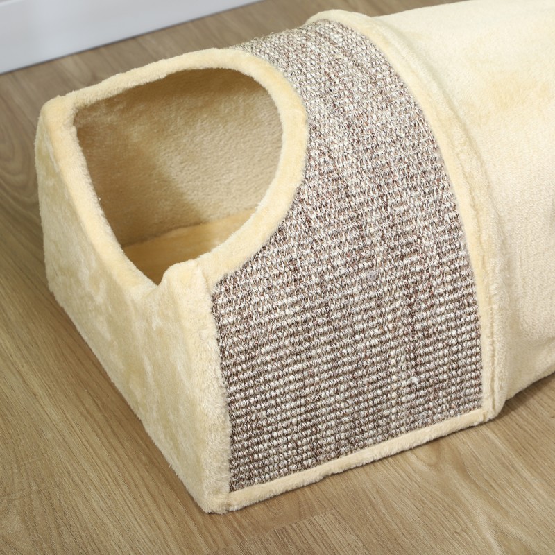 Kissatunneli 3 aukkoa ja 2 piilopaikkaa, pluchea ja sisalia, 107x38x29 cm, beige/harmaa