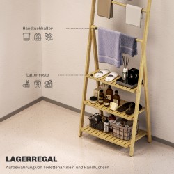 Kylpyhuonehylly 3-tasoinen ja 3 pyyhetangolla, A-mallinen bambu, 53,5 x 30 x 153 cm, luonnonväri