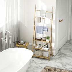 Kylpyhuonehylly 3-tasoinen ja 3 pyyhetangolla, A-mallinen bambu, 53,5 x 30 x 153 cm, luonnonväri