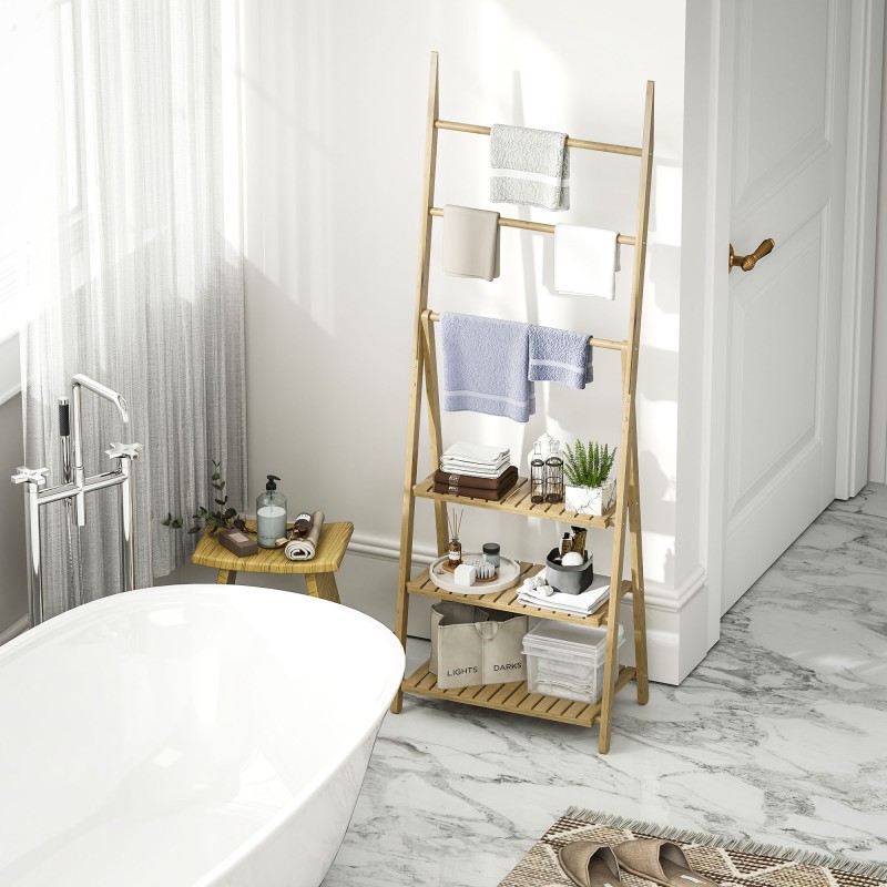 Kylpyhuonehylly 3-tasoinen ja 3 pyyhetangolla, A-mallinen bambu, 53,5 x 30 x 153 cm, luonnonväri