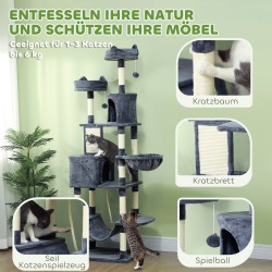 Kissan raapimis- ja kiipeilypuu 206 cm, 1–3 kissalle, sisalrungot ja riippumatot, tummanharmaa/kermanvalkoinen