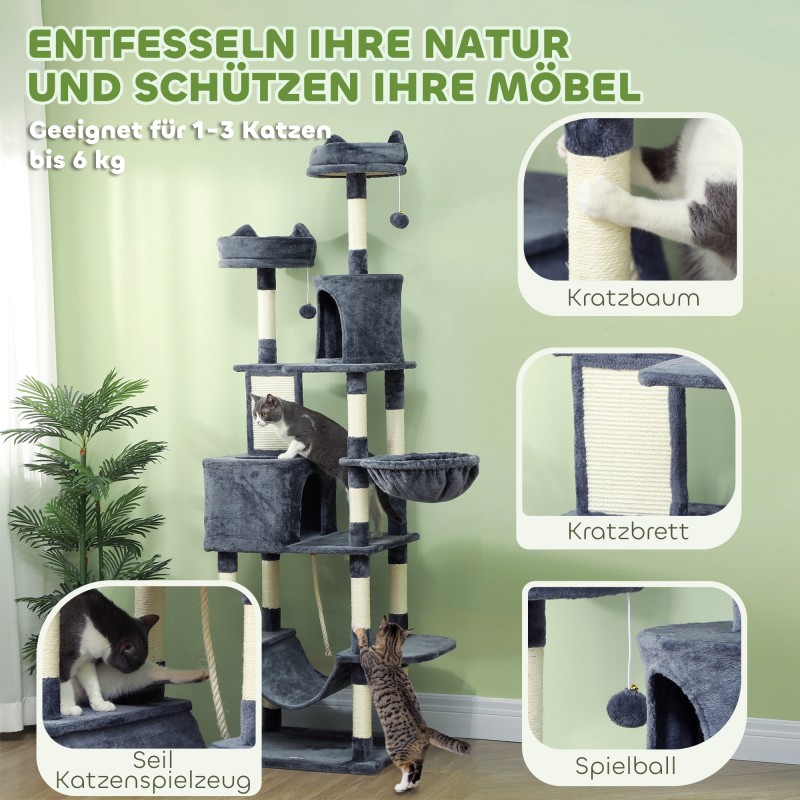 Kissan raapimis- ja kiipeilypuu 206 cm, 1–3 kissalle, sisalrungot ja riippumatot, tummanharmaa/kermanvalkoinen
