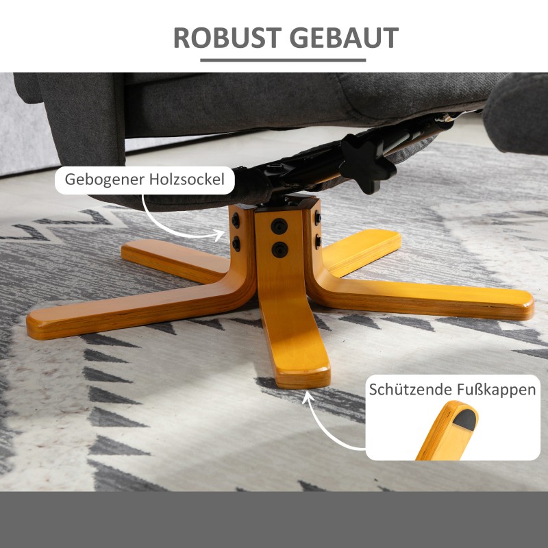 Säädettävä nojatuoli ja jalkarahi, korkea selkänoja, puurunko, polyesteriverhoilu, tummanharmaa–keltainen