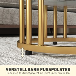 Sohvapöytäsarja 2 kpl, pyöreä marmorikuvioinen MDF-taso ja metallirunko, kulta/valkoinen