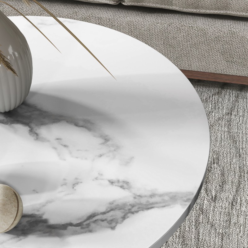 Sohvapöytäsarja 2 kpl, pyöreä marmorikuvioinen MDF-taso ja metallirunko, kulta/valkoinen