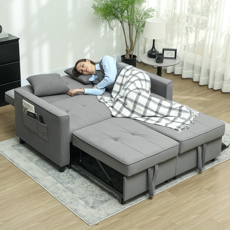 4-in-1 vuodesohva säädettävällä selkänojalla, samettimainen kangas, 120x191 cm, harmaa