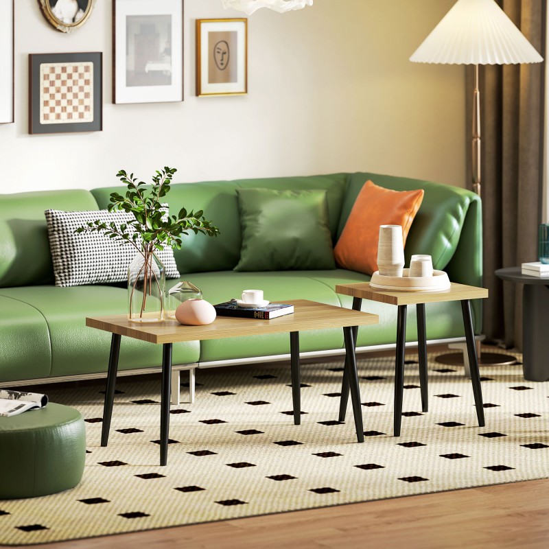 Sohvapöytäsarja 2 osaa, MDF ja metallirunko, luonnonpuun sävy, 90x50x45 cm ja 40x40x50 cm