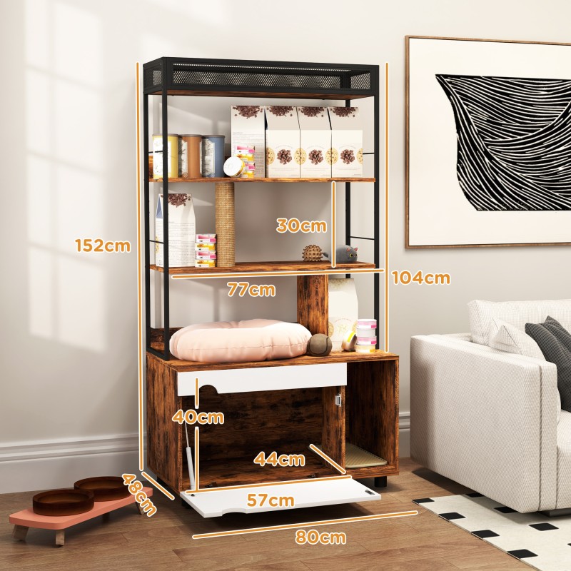 Kissanvessakaappi hyllyllä ja raapimapylväällä, lastulevy/teräs, 80 x 48 x 152 cm, ruskea