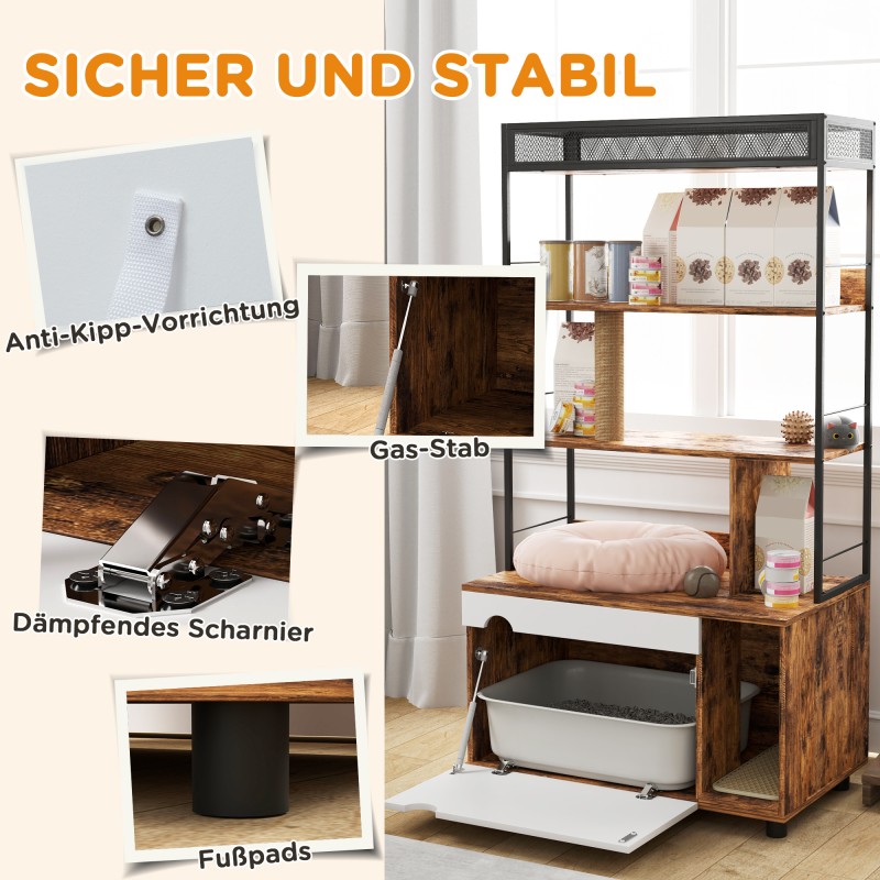 Kissanvessakaappi hyllyllä ja raapimapylväällä, lastulevy/teräs, 80 x 48 x 152 cm, ruskea