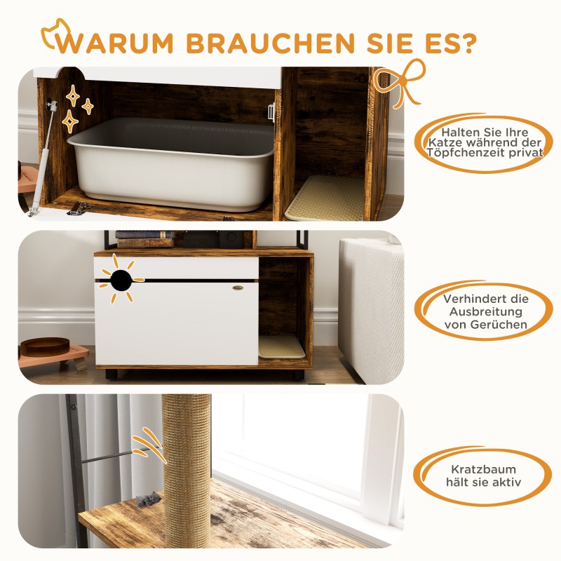 Kissanvessakaappi hyllyllä ja raapimapylväällä, lastulevy/teräs, 80 x 48 x 152 cm, ruskea