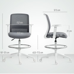 Työtuoli korkealle pöydälle, verkkoselkä ja vaahtomuovi-istuin, harmaa, pyörivä ja pyörällinen