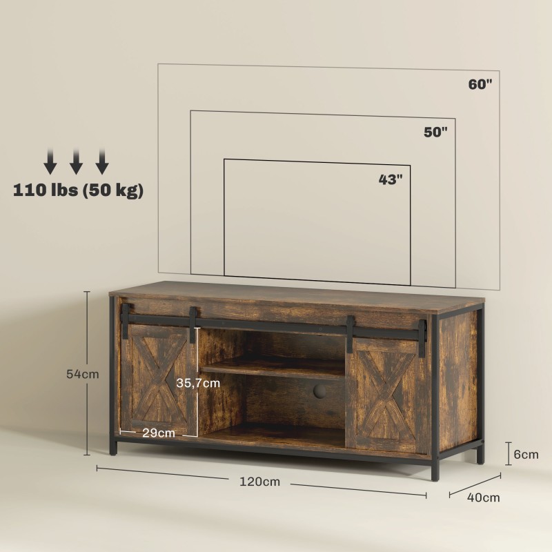 TV-taso 60" televisiolle, teollinen tyyli, lastulevy ja teräs, 120x40x54 cm, ruskea/musta