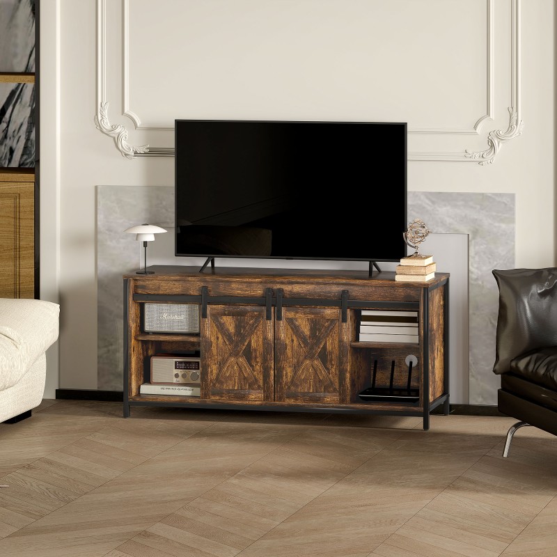 TV-taso 60" televisiolle, teollinen tyyli, lastulevy ja teräs, 120x40x54 cm, ruskea/musta