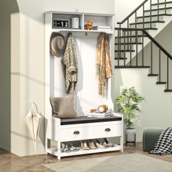 Eteiskaluste koukuilla ja kenkähyllyllä, MDF, 89x42x172 cm, valkoinen/harmaa