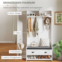 Eteiskaluste koukuilla ja kenkähyllyllä, MDF, 89x42x172 cm, valkoinen/harmaa