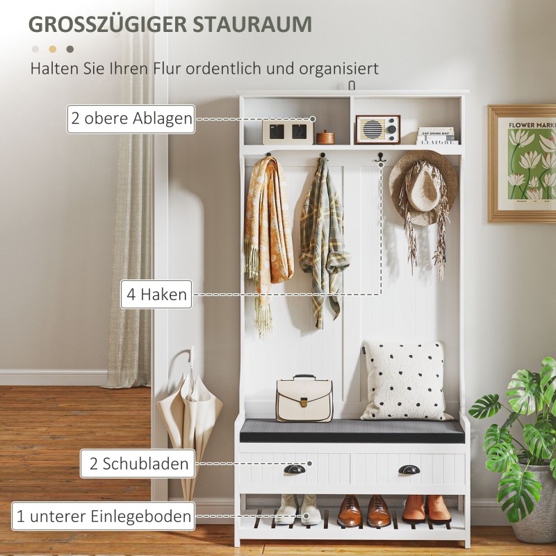 Eteiskaluste koukuilla ja kenkähyllyllä, MDF, 89x42x172 cm, valkoinen/harmaa