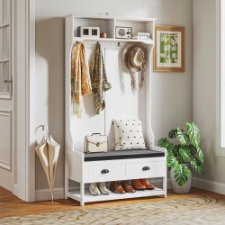 Eteiskaluste koukuilla ja kenkähyllyllä, MDF, 89x42x172 cm, valkoinen/harmaa