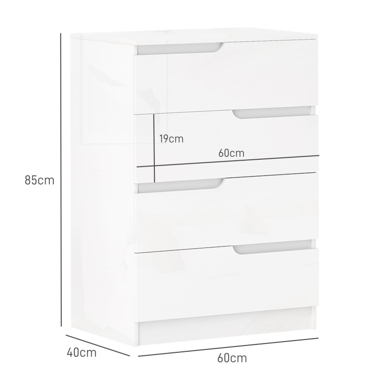 Lipasto makuuhuoneeseen, 4 laatikkoa, lastulevy melamiinipinnoitteella, 60 x 40 x 85 cm, valkoinen korkeakiilto