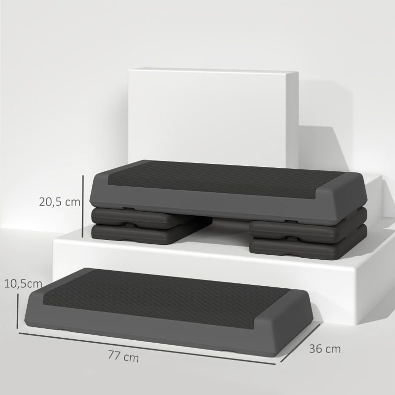 Säädettävä step-lauta askeltreeniin, muovia, 77 x 36 cm, kantavuus 250 kg, harmaa/musta
