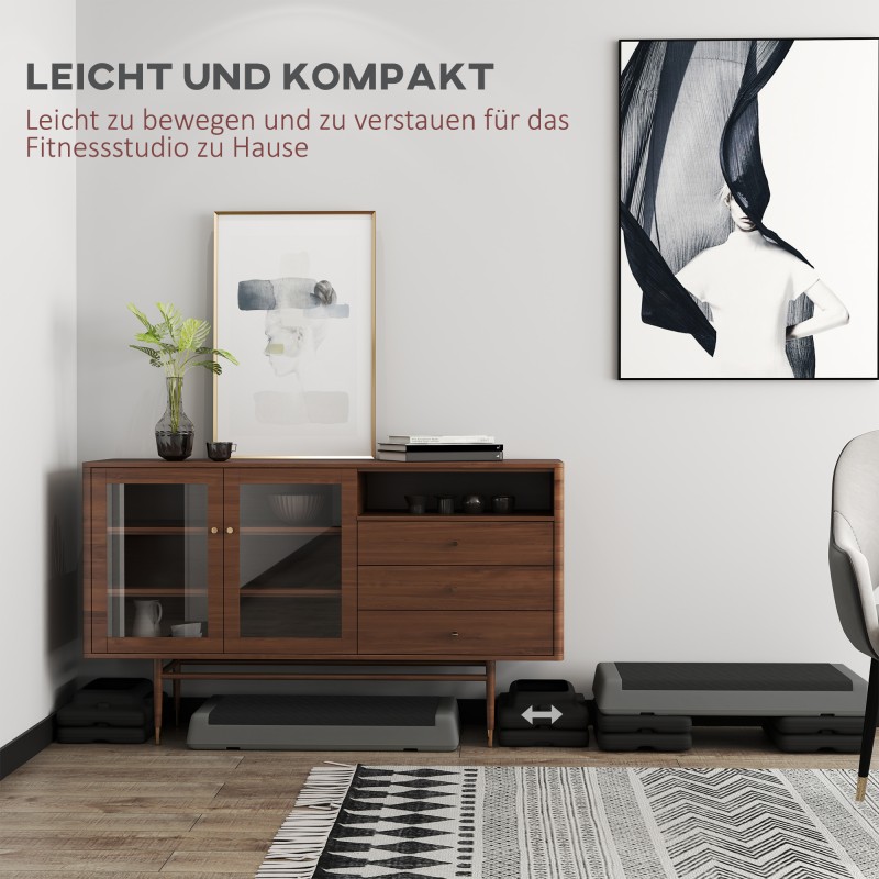 Säädettävä step-lauta askeltreeniin, muovia, 77 x 36 cm, kantavuus 250 kg, harmaa/musta