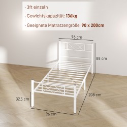 Yhden hengen sängynrunko terästä 90x200 cm, korkea pääty, valkoinen