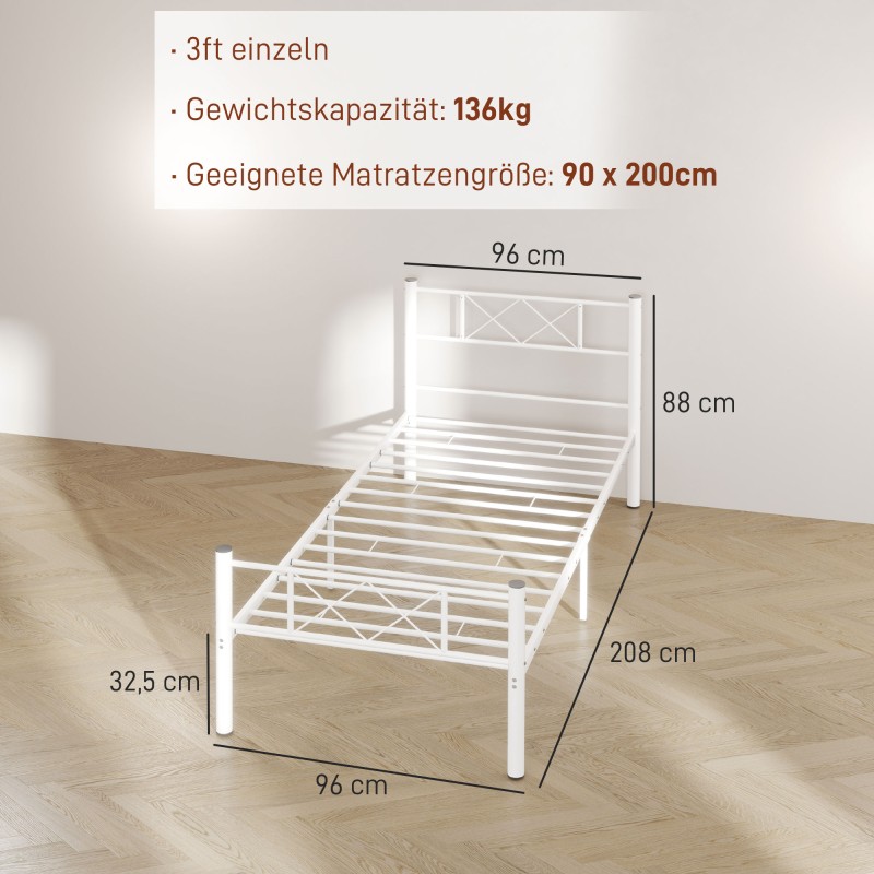 Yhden hengen sängynrunko terästä 90x200 cm, korkea pääty, valkoinen