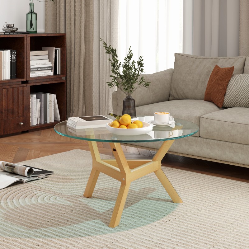 Pyöreä lasinen sivupöytä olohuoneeseen, karkaistu lasi ja teräsrunko, Ø80 x 45 cm, läpinäkyvä