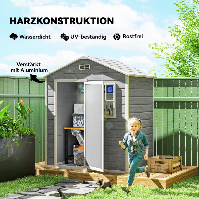 Pihavarasto muovi/alumiini 1,9 m² harjakatto lattialla 182 x 121 x 200 cm harmaa lukittava ovi