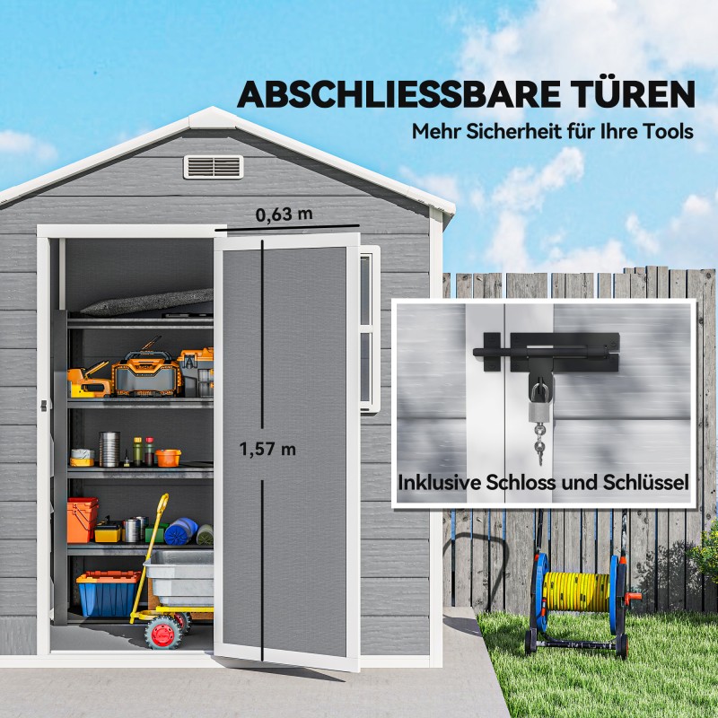 Pihavarasto muovi/alumiini 1,9 m² harjakatto lattialla 182 x 121 x 200 cm harmaa lukittava ovi