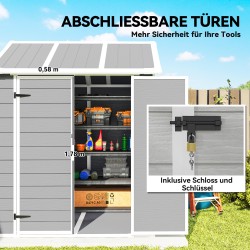 Pihavarasto ikkunalla ja lukittavilla pariovilla, muovi/alumiini, 181 x 181 x 220 cm, harmaa