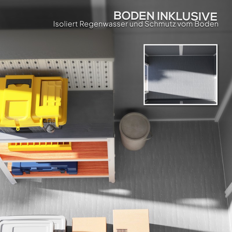 Pihavarasto ulkokäyttöön, muovi-alumiini, lattialla ja ikkunalla, 131 x 186 x 198 cm, harmaa