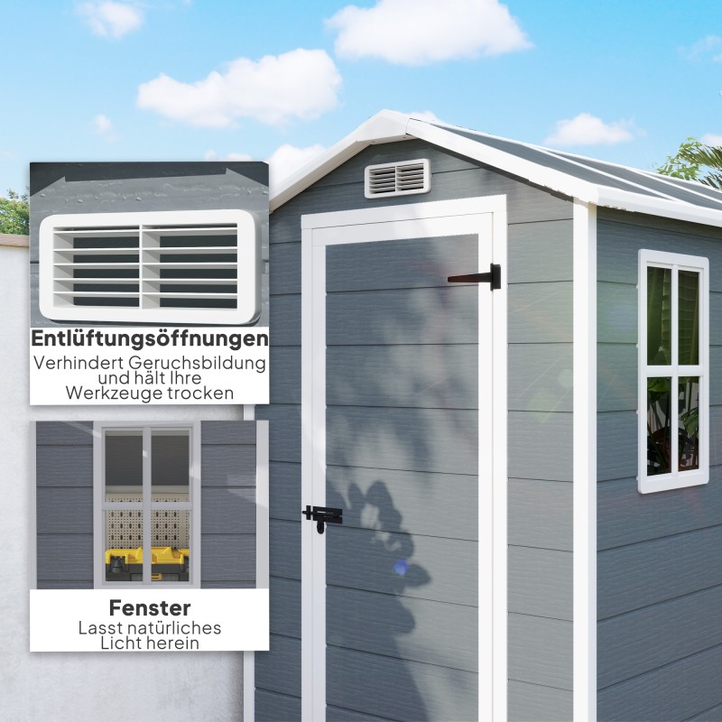 Pihavarasto ulkokäyttöön, muovi-alumiini, lattialla ja ikkunalla, 131 x 186 x 198 cm, harmaa