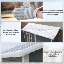 Pihavarasto ulkokäyttöön, muovi-alumiini, lattialla ja ikkunalla, 131 x 186 x 198 cm, harmaa