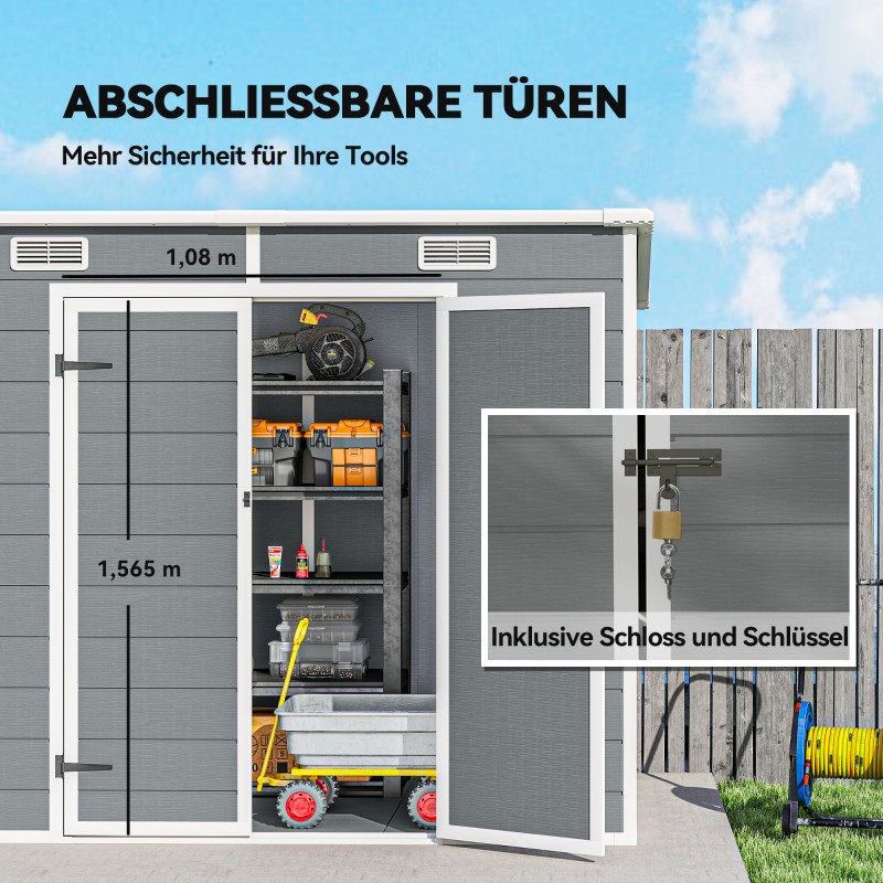 Muovinen pihavarasto lattialla 2,4 x 1,3 m, polypropeeni ja alumiini, harmaa