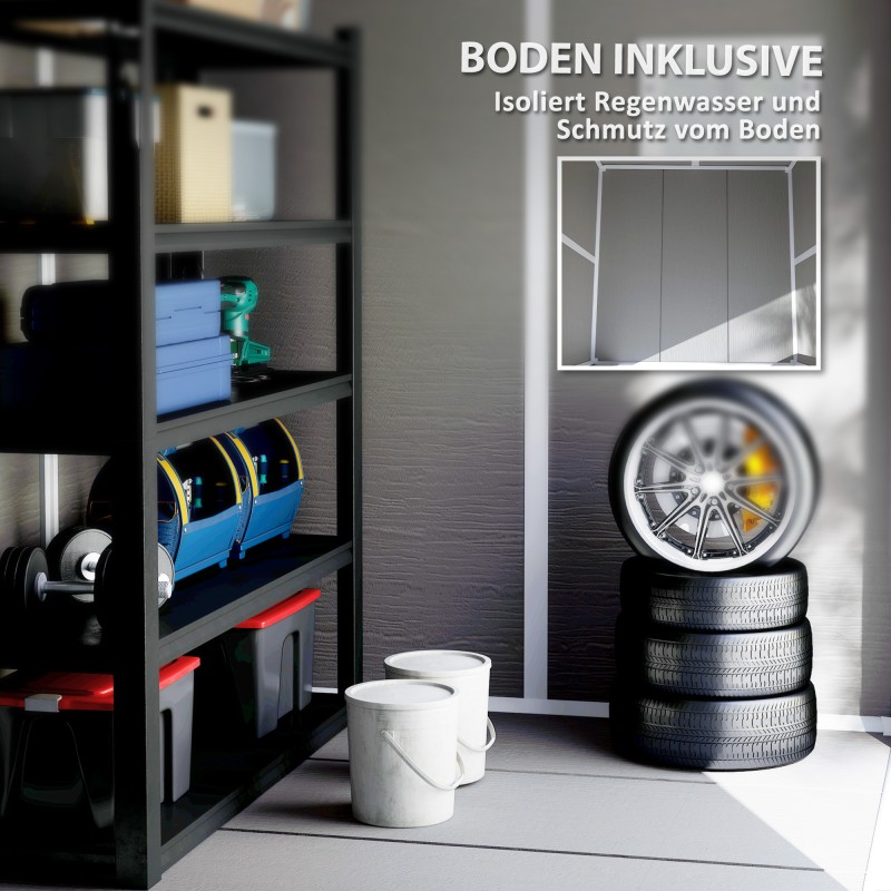 Pihavarasto integroidulla lattialla, muovi/alumiini, 182 x 151 x 219 cm, harmaa puukuosi