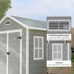 Pihavarasto integroidulla lattialla, muovi/alumiini, 182 x 151 x 219 cm, harmaa puukuosi