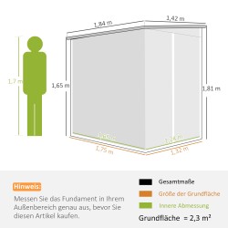 Metallinen pihavarasto ulkokäyttöön, sinkitty teräs, lukittava ovi, 142 x 184 x 165/181 cm, harmaa