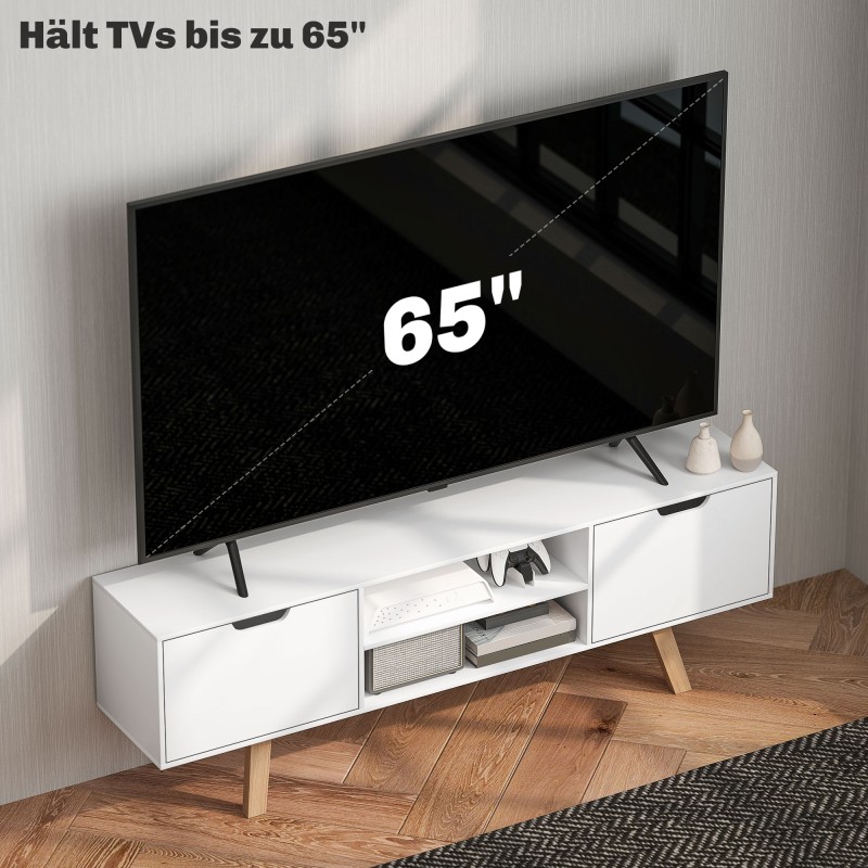TV-taso kaapeilla ja avohyllyillä, lastulevy/MDF, 150 x 39 x 50 cm, valkoinen