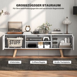 TV-taso kaapeilla ja avohyllyillä, lastulevy/MDF, 150 x 39 x 50 cm, valkoinen