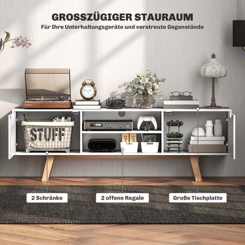 TV-taso kaapeilla ja avohyllyillä, lastulevy/MDF, 150 x 39 x 50 cm, valkoinen