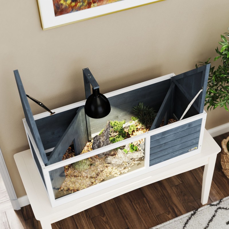 Kilpikonnan asumus läpinäkyvällä etuseinällä ja lampunpidikkeellä 120 x 50 x 40 cm harmaa-valkoinen