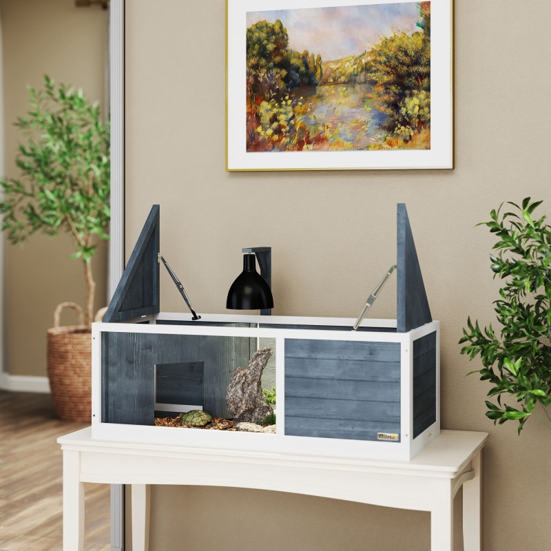 Kilpikonnan asumus läpinäkyvällä etuseinällä ja lampunpidikkeellä 120 x 50 x 40 cm harmaa-valkoinen